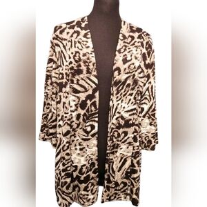Chicos Travelers Annimal Print Jacket Open Front 3/4 Sleeve Browns/Tans Size 12